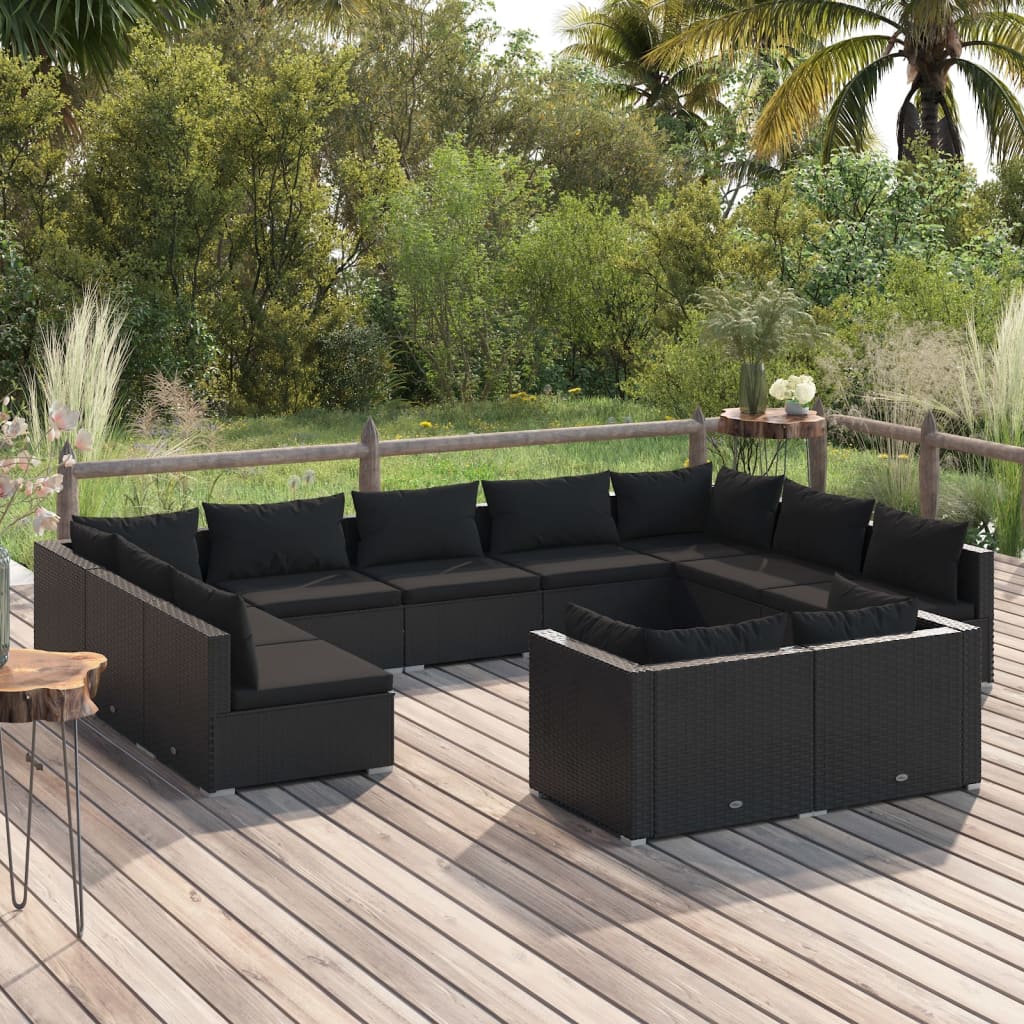 11-tlg. Garten-Lounge-Set mit Kissen Schwarz Poly Rattan