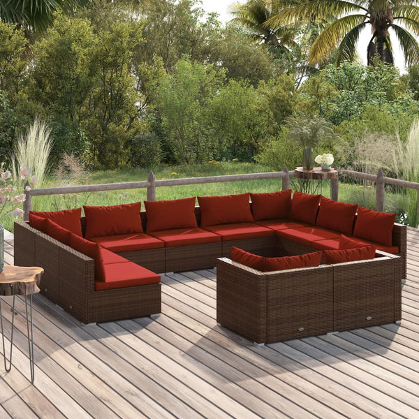 11-tlg. Garten-Lounge-Set mit Kissen Braun Poly Rattan