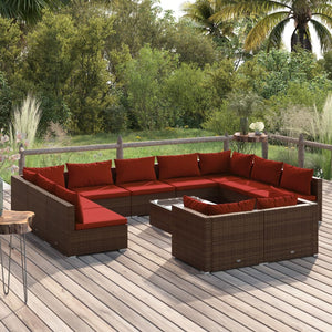 12-tlg. Garten-Lounge-Set mit Kissen Braun Poly Rattan