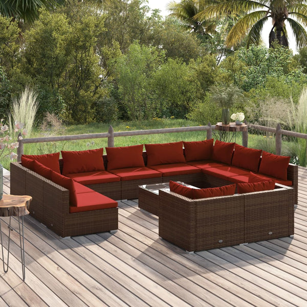 12-tlg. Garten-Lounge-Set mit Kissen Braun Poly Rattan