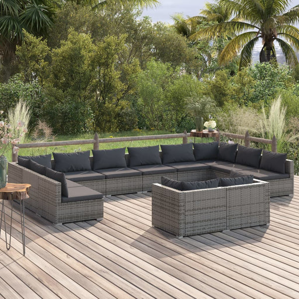 12-tlg. Garten-Lounge-Set mit Kissen Grau Poly Rattan