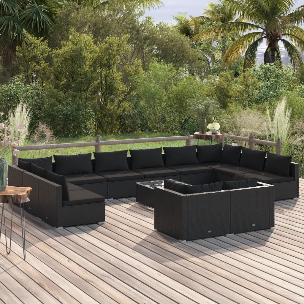 13-tlg. Garten-Lounge-Set mit Kissen Schwarz Poly Rattan