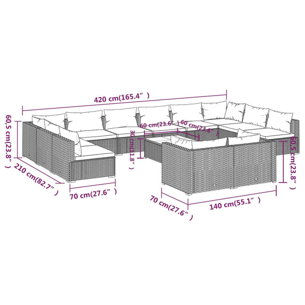 13-tlg. Garten-Lounge-Set mit Kissen Braun Poly Rattan