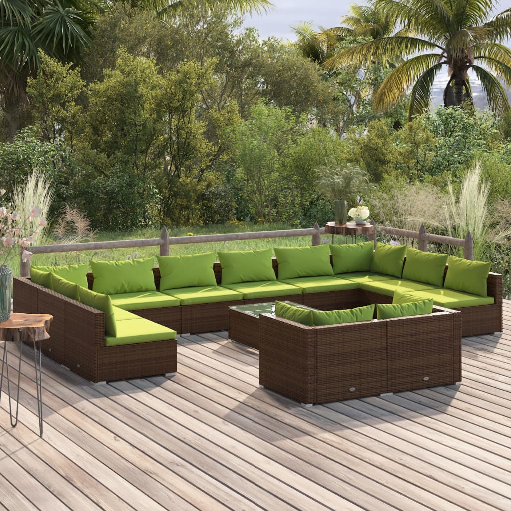 vidaXL Salon de jardin 13 pcs avec coussins résine tressée marron