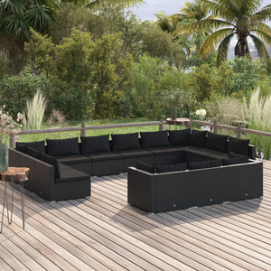 13-tlg. Garten-Lounge-Set mit Kissen Schwarz Poly Rattan