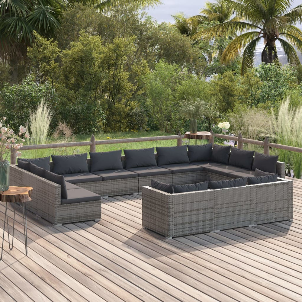 13-tlg. Garten-Lounge-Set mit Kissen Grau Poly Rattan