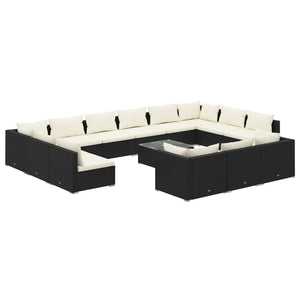 14-tlg. Garten-Lounge-Set mit Kissen Schwarz Poly Rattan