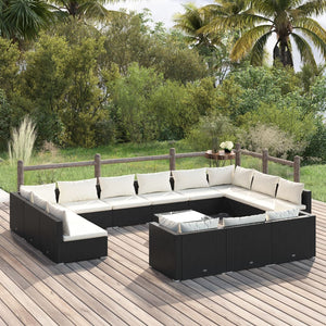 14-tlg. Garten-Lounge-Set mit Kissen Schwarz Poly Rattan