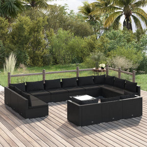 14-tlg. Garten-Lounge-Set mit Kissen Schwarz Poly Rattan