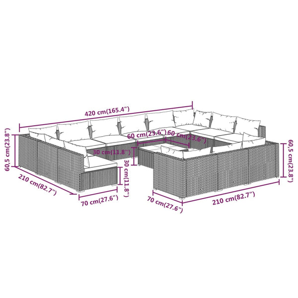 14-tlg. Garten-Lounge-Set mit Kissen Schwarz Poly Rattan