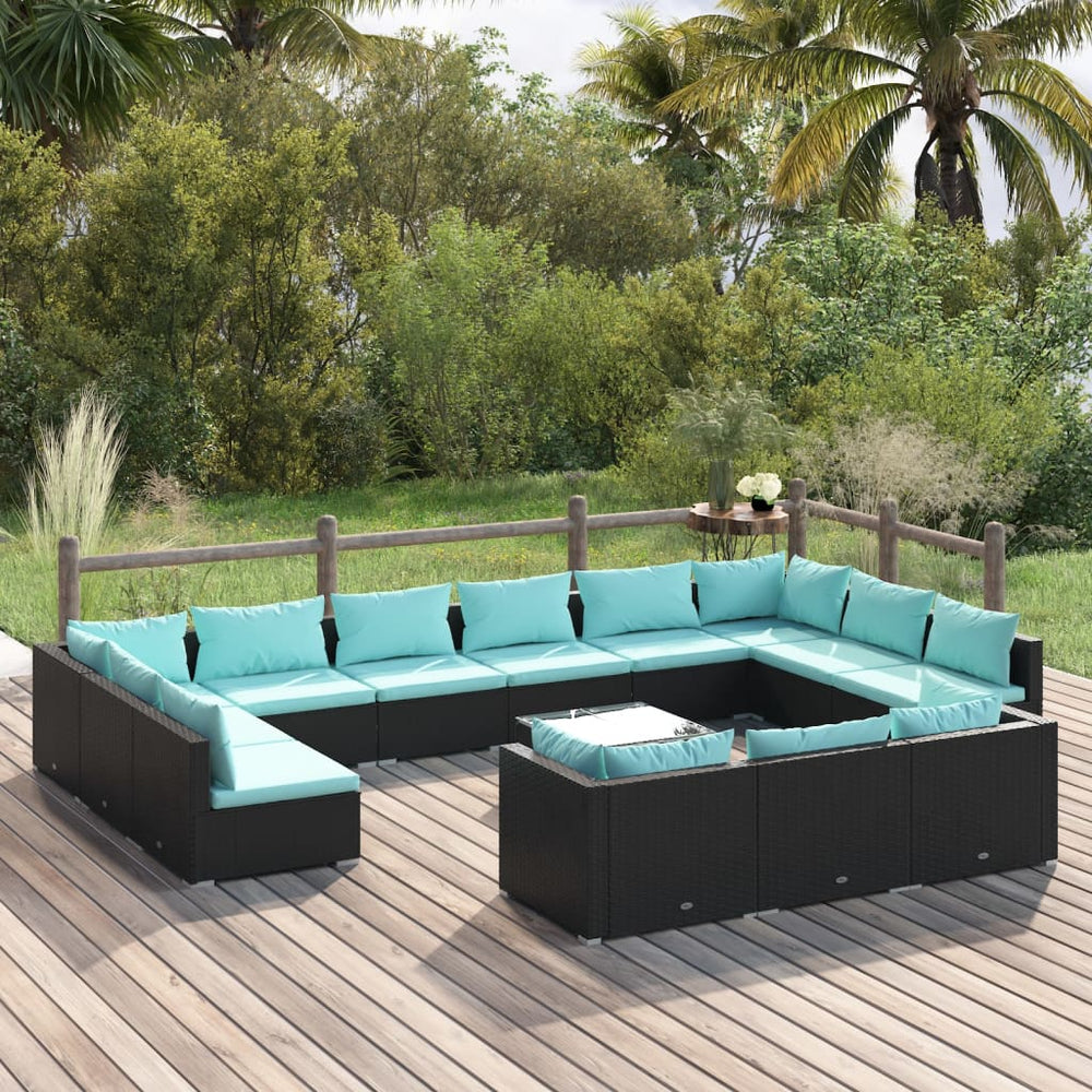 14-tlg. Garten-Lounge-Set mit Kissen Schwarz Poly Rattan