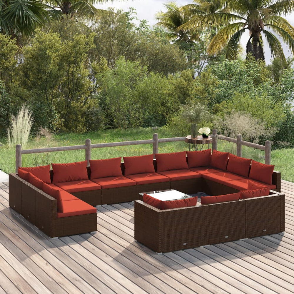14-tlg. Garten-Lounge-Set mit Kissen Braun Poly Rattan