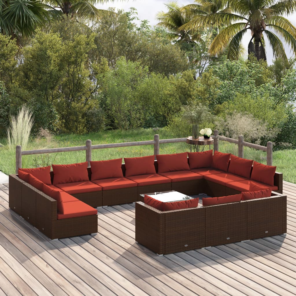 14-tlg. Garten-Lounge-Set mit Kissen Braun Poly Rattan