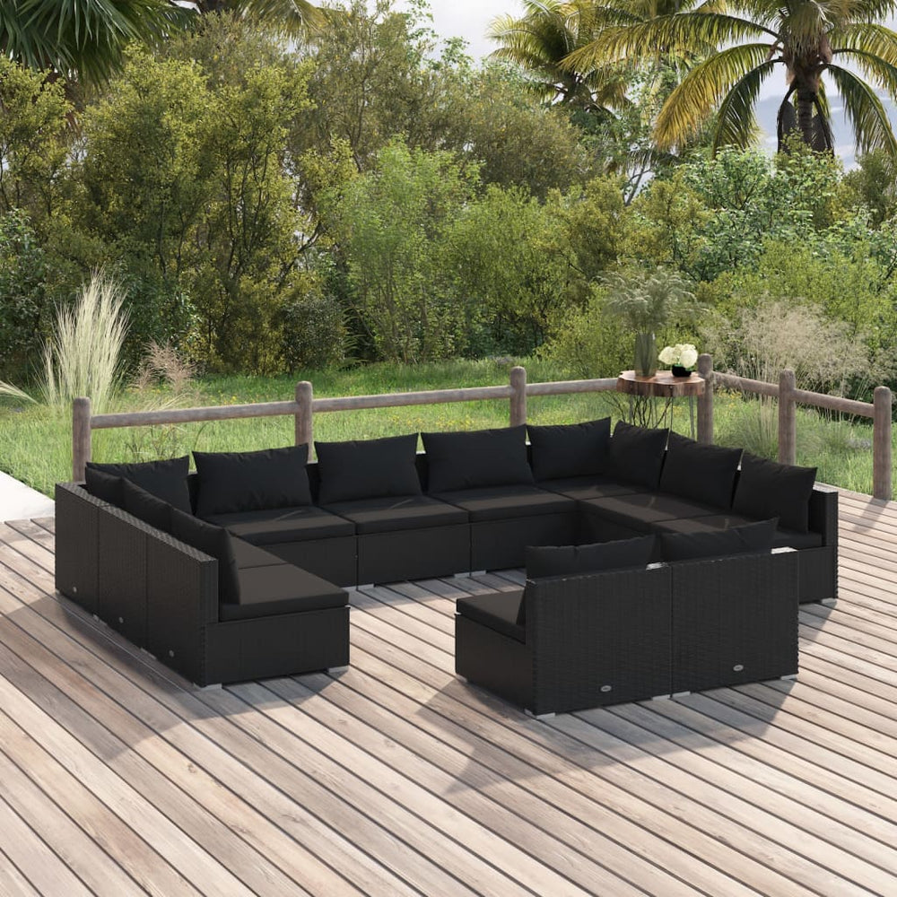 11-tlg. Garten-Lounge-Set mit Kissen Schwarz Poly Rattan
