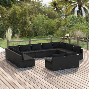 11-tlg. Garten-Lounge-Set mit Kissen Schwarz Poly Rattan