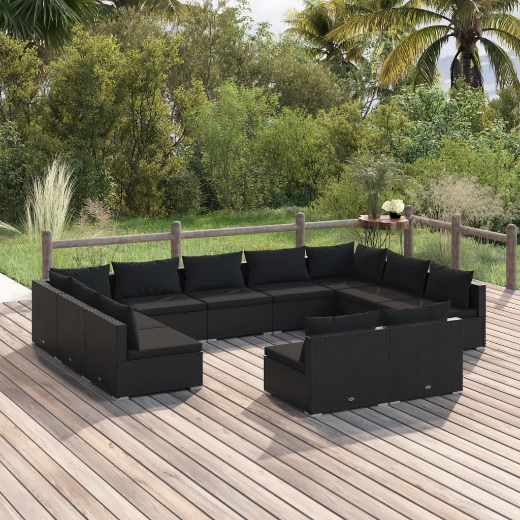 11-tlg. Garten-Lounge-Set mit Kissen Schwarz Poly Rattan