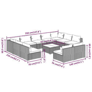12-tlg. Garten-Lounge-Set mit Kissen Braun Poly Rattan