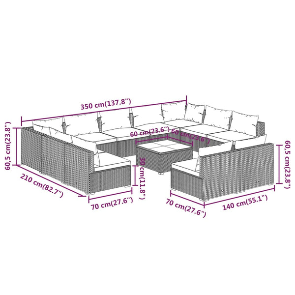 12-tlg. Garten-Lounge-Set mit Kissen Braun Poly Rattan