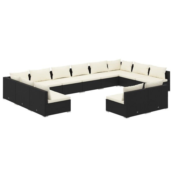 12-tlg. Garten-Lounge-Set mit Kissen Schwarz Poly Rattan