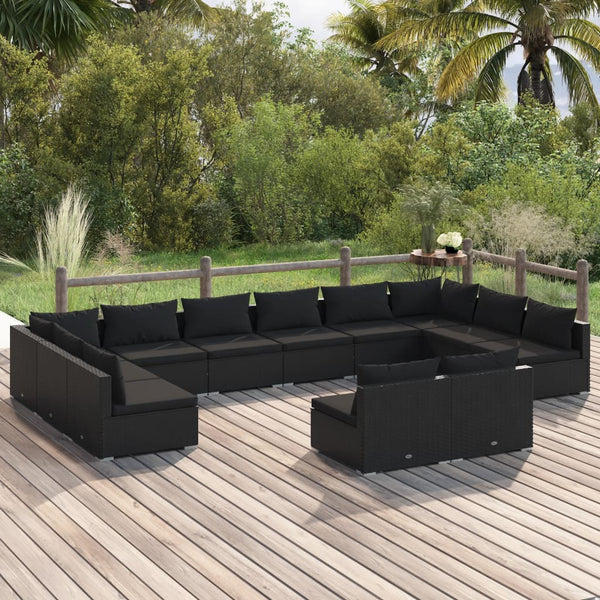 12-tlg. Garten-Lounge-Set mit Kissen Schwarz Poly Rattan