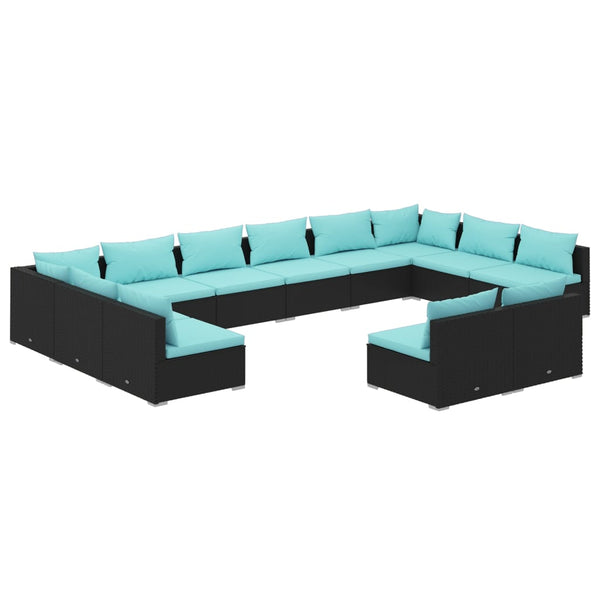 12-tlg. Garten-Lounge-Set mit Kissen Schwarz Poly Rattan
