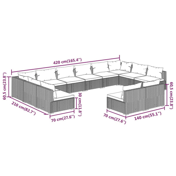 12-tlg. Garten-Lounge-Set mit Kissen Braun Poly Rattan