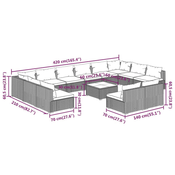 13-tlg. Garten-Lounge-Set mit Kissen Schwarz Poly Rattan