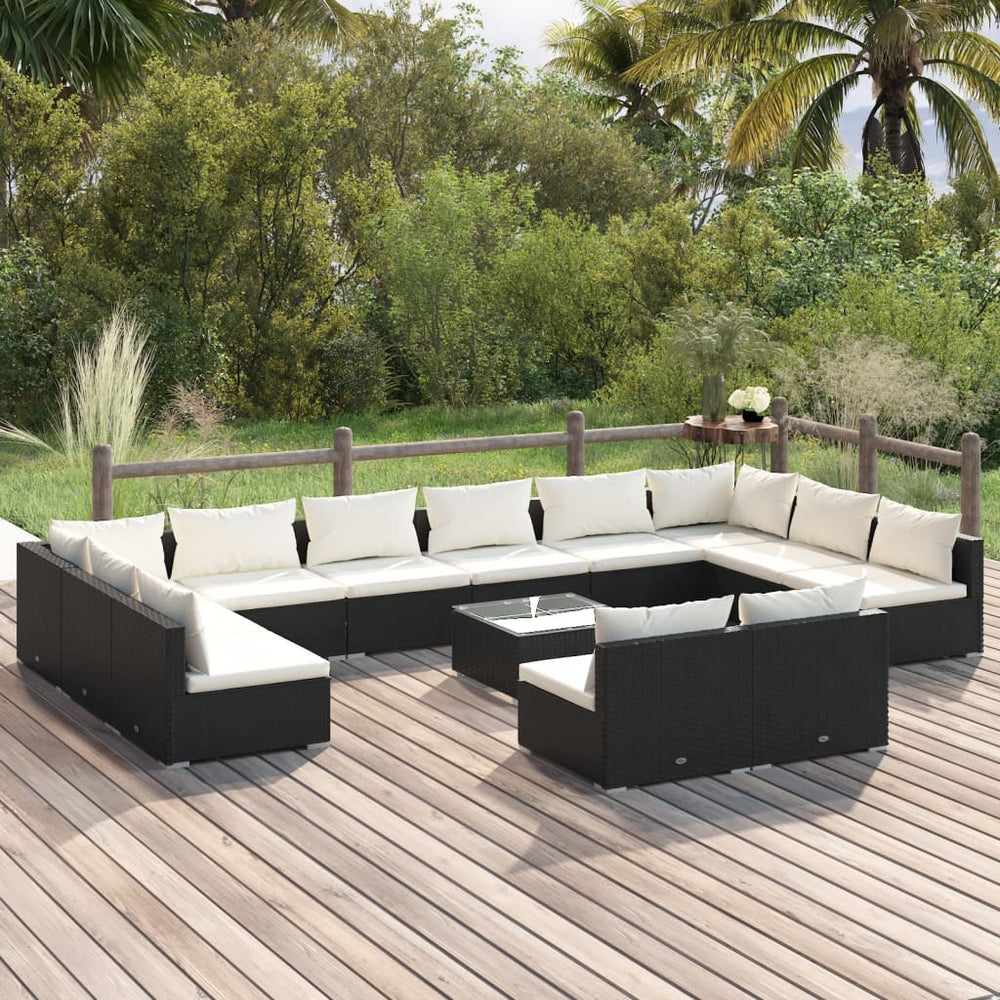 13-tlg. Garten-Lounge-Set mit Kissen Schwarz Poly Rattan