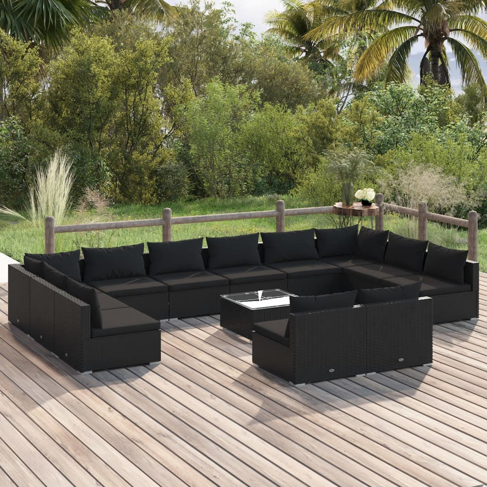 13-tlg. Garten-Lounge-Set mit Kissen Schwarz Poly Rattan