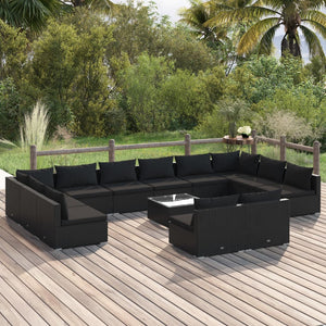13-tlg. Garten-Lounge-Set mit Kissen Schwarz Poly Rattan