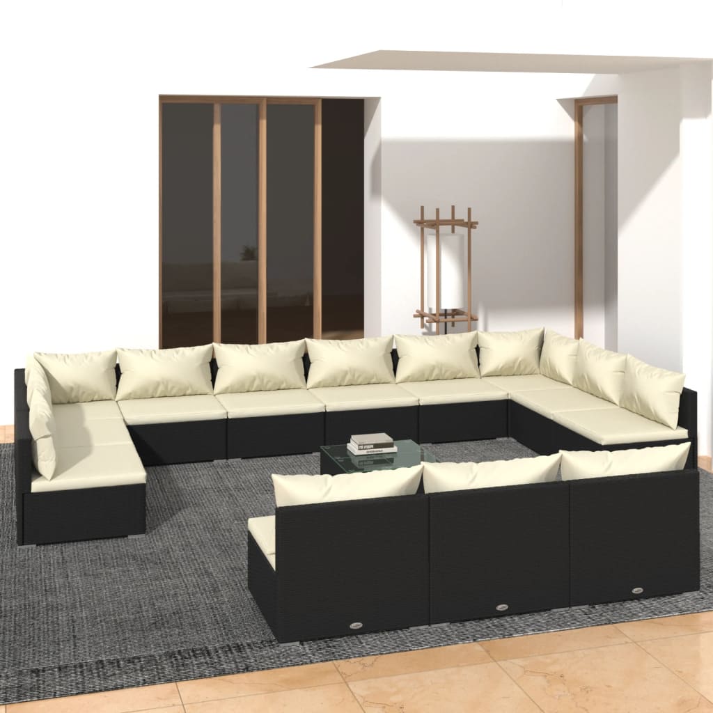 13-tlg. Garten-Lounge-Set mit Kissen Schwarz Poly Rattan