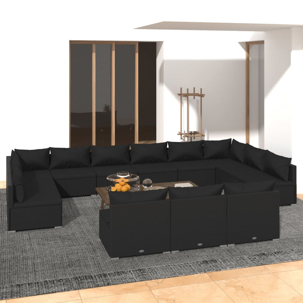 13-tlg. Garten-Lounge-Set mit Kissen Schwarz Poly Rattan