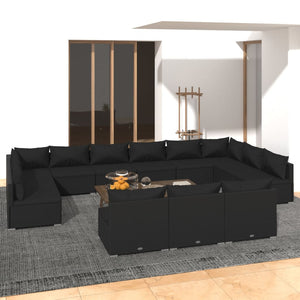 13-tlg. Garten-Lounge-Set mit Kissen Schwarz Poly Rattan