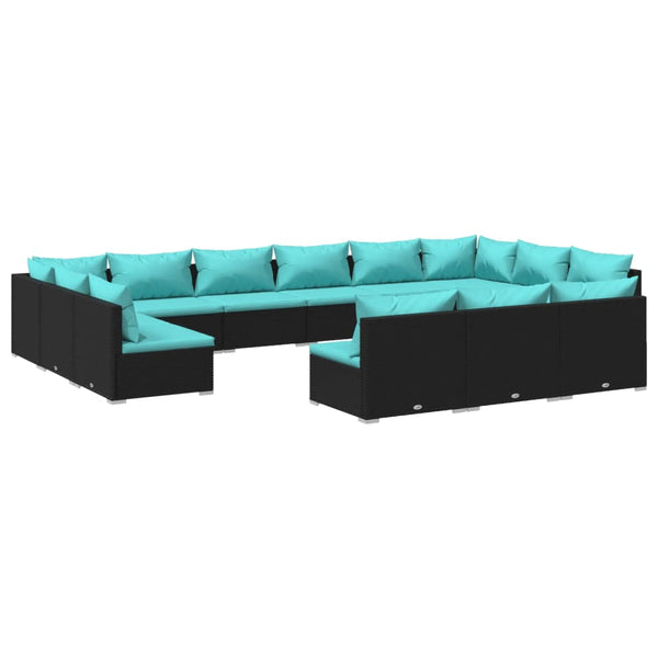 13-tlg. Garten-Lounge-Set mit Kissen Schwarz Poly Rattan