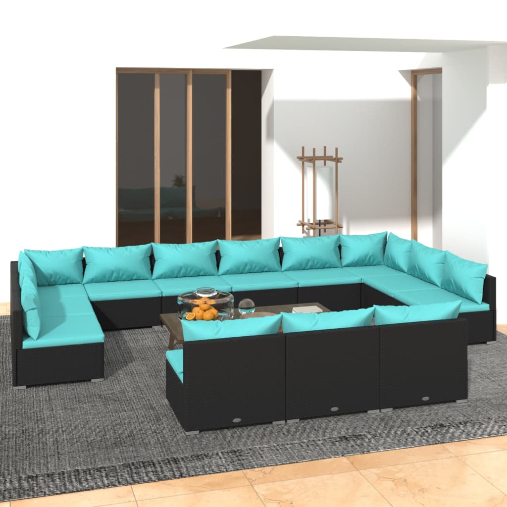 13-tlg. Garten-Lounge-Set mit Kissen Schwarz Poly Rattan