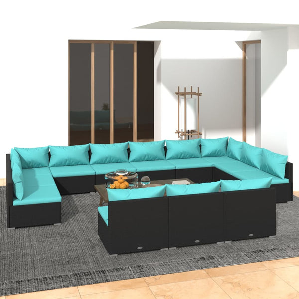 13-tlg. Garten-Lounge-Set mit Kissen Schwarz Poly Rattan