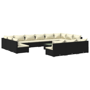 14-tlg. Garten-Lounge-Set mit Kissen Schwarz Poly Rattan