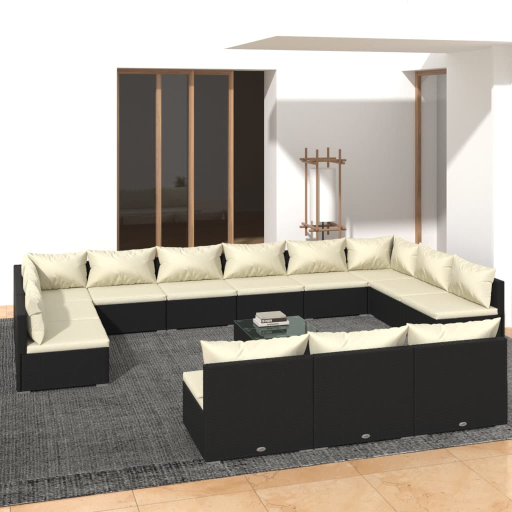 14-tlg. Garten-Lounge-Set mit Kissen Schwarz Poly Rattan