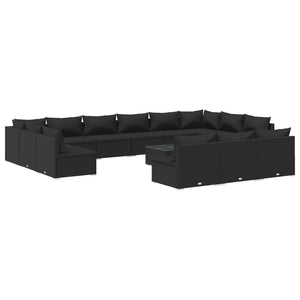 14-tlg. Garten-Lounge-Set mit Kissen Schwarz Poly Rattan