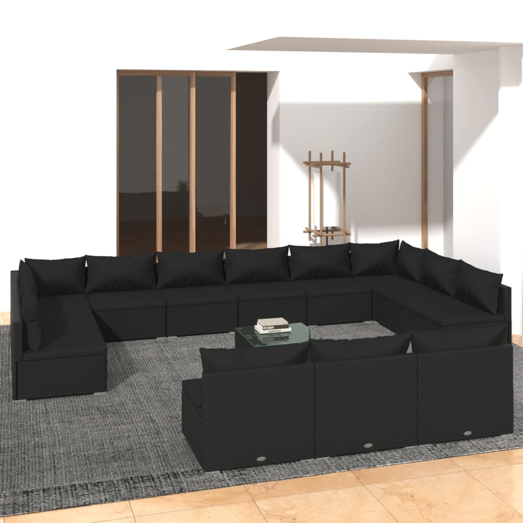 14-tlg. Garten-Lounge-Set mit Kissen Schwarz Poly Rattan