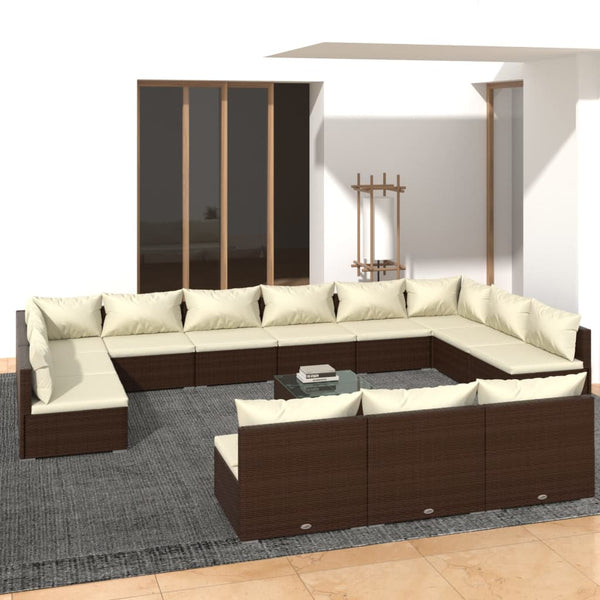 14-tlg. Garten-Lounge-Set mit Kissen Braun Poly Rattan