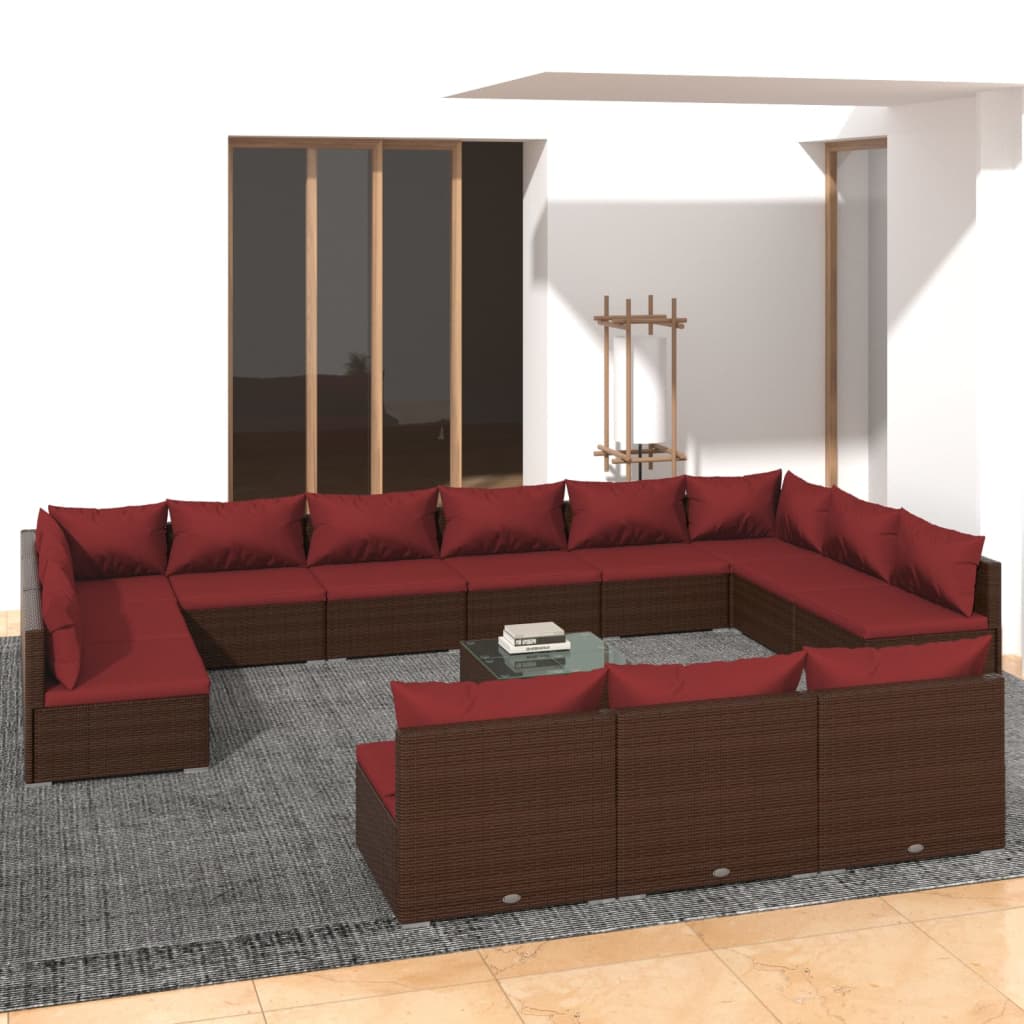 14-tlg. Garten-Lounge-Set mit Kissen Braun Poly Rattan