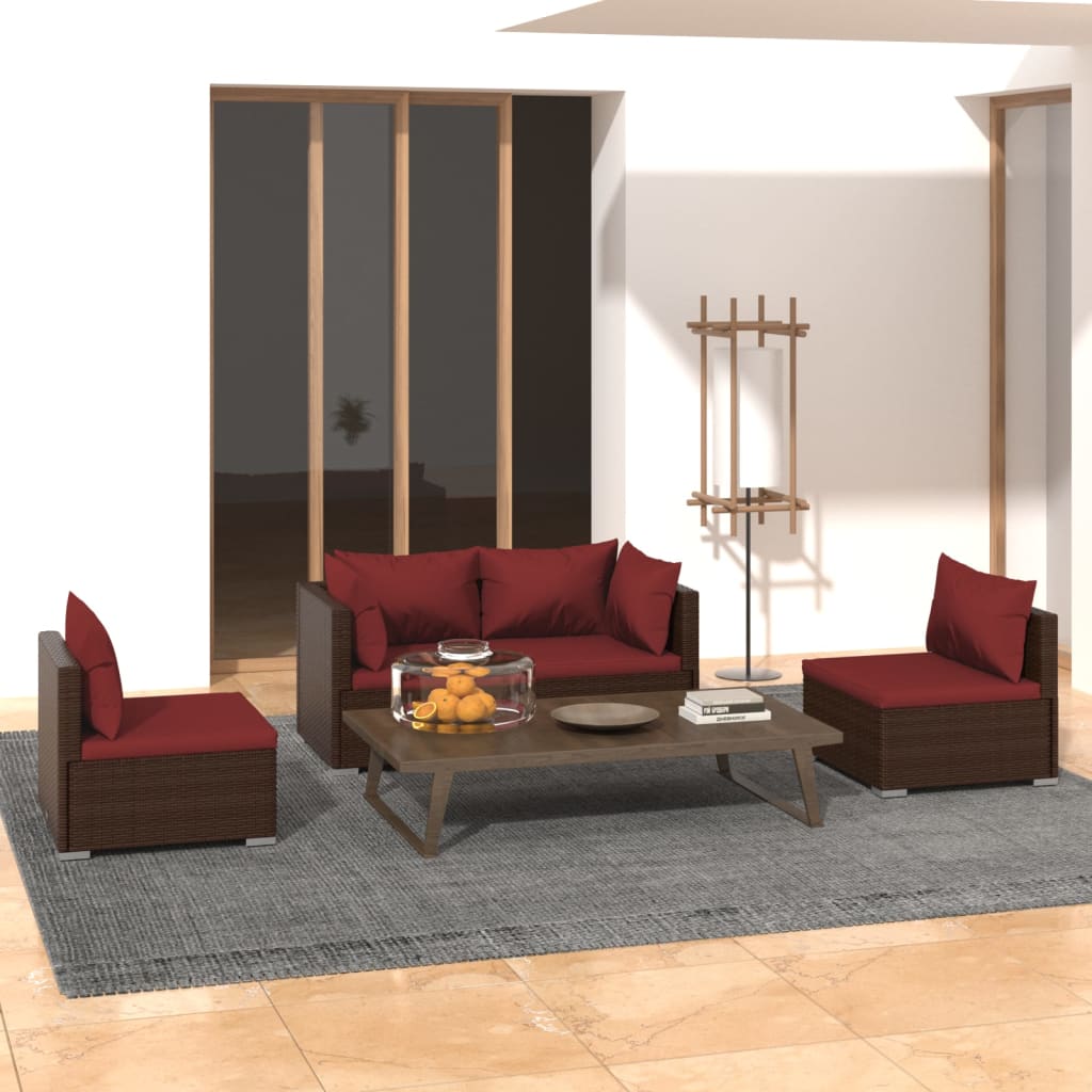 4-tlg. Garten-Lounge-Set mit Auflagen Poly Rattan Braun