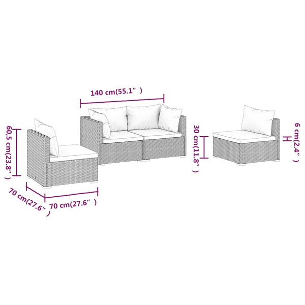 4-tlg. Garten-Lounge-Set mit Kissen Poly Rattan Grau