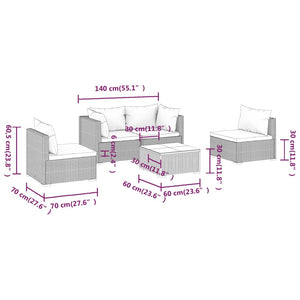 5-tlg. Garten-Lounge-Set mit Kissen Poly Rattan Grau