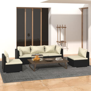 5-tlg. Garten-Lounge-Set mit Kissen Poly Rattan Schwarz