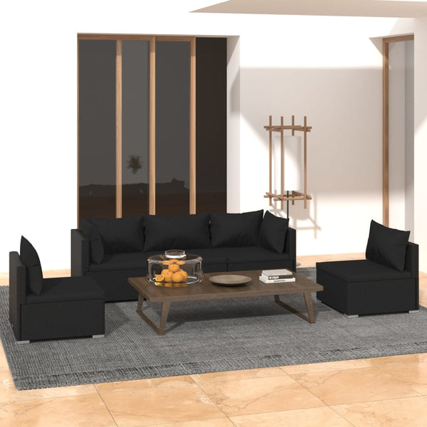 5-tlg. Garten-Lounge-Set mit Kissen Poly Rattan Schwarz