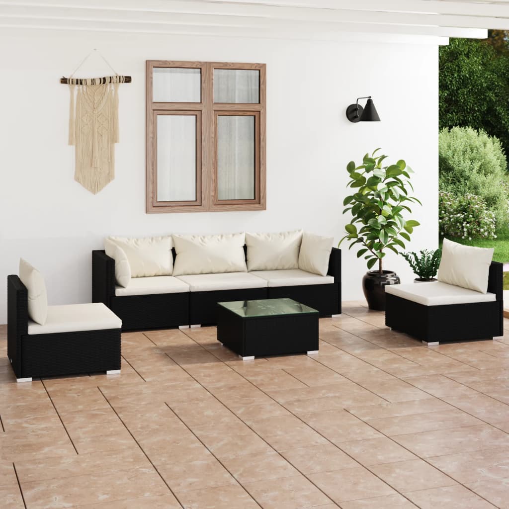6-tlg. Garten-Lounge-Set mit Kissen Poly Rattan Schwarz