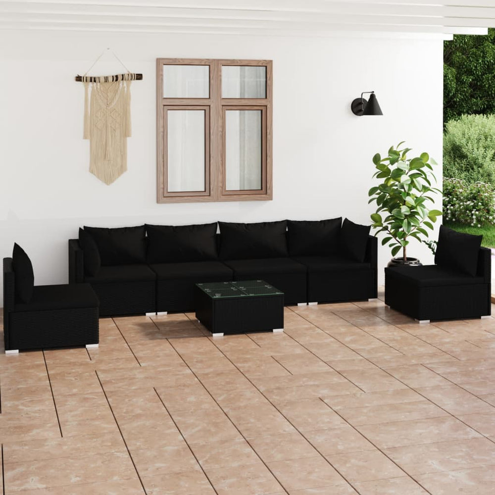 7-tlg. Garten-Lounge-Set mit Kissen Poly Rattan Schwarz