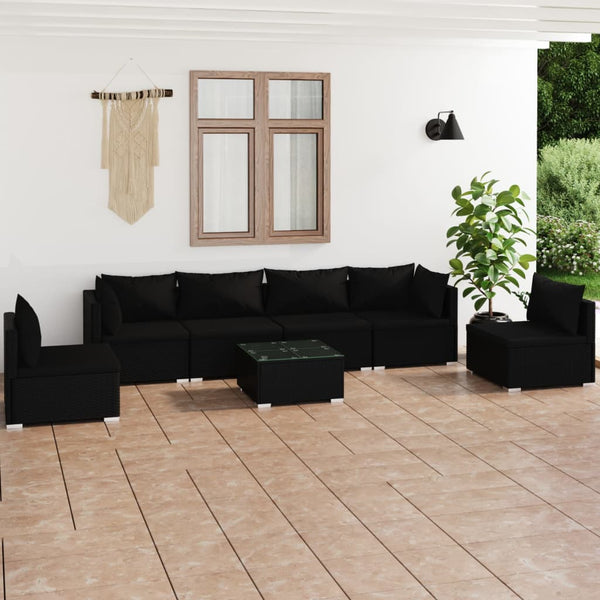 7-tlg. Garten-Lounge-Set mit Kissen Poly Rattan Schwarz